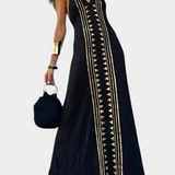 Dulce Vestido Largo Halter Espalda Estampado Dorado