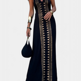 Dulce Vestido Largo Halter Espalda Estampado Dorado