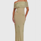Barbara Vestido Maxi Punto Off Shoulder Orquídeas 3D Edición