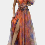 Amelie Vestido Maxi Un Hombro Estampado Artístico Exclusivo