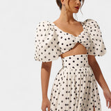 Sherine Conjunto Seda Falda Top Lunares Mangas Abullonadas