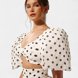 Sherine Conjunto Seda Falda Top Lunares Mangas Abullonadas