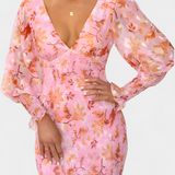 Carly Vestido Midi Floral Cintura Fruncida Mangas Limitadas