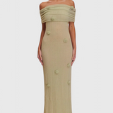Barbara Vestido Maxi Punto Off Shoulder Orquídeas 3D Edición