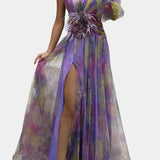 Amelie Vestido Maxi Un Hombro Estampado Artístico Exclusivo