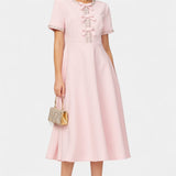 Linda Vestido Midi Acampanado Lazo Cristal Exclusivo