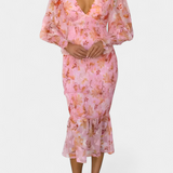 Carly Vestido Midi Floral Cintura Fruncida Mangas Limitadas