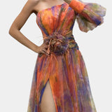 Amelie Vestido Maxi Un Hombro Estampado Artístico Exclusivo