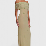 Barbara Vestido Maxi Punto Off Shoulder Orquídeas 3D Edición