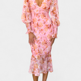 Carly Vestido Midi Floral Cintura Fruncida Mangas Limitadas