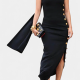 Aphrodite Vestido Asimétrico Con Botones Dorados Exclusivos