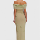 Barbara Vestido Maxi Punto Off Shoulder Orquídeas 3D Edición
