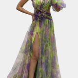 Amelie Vestido Maxi Un Hombro Estampado Artístico Exclusivo