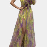 Amelie Vestido Maxi Un Hombro Estampado Artístico Exclusivo