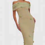 Barbara Vestido Maxi Punto Off Shoulder Orquídeas 3D Edición