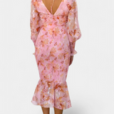 Carly Vestido Midi Floral Cintura Fruncida Mangas Limitadas