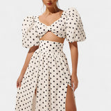 Sherine Conjunto Seda Falda Top Lunares Mangas Abullonadas