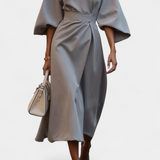 Micaela Vestido Midi Exclusivo Lux Mangas Lantern Cintura