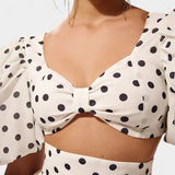 Sherine Conjunto Seda Falda Top Lunares Mangas Abullonadas