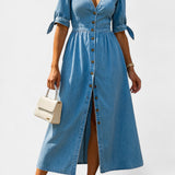 Adelina Vestido Midi Denim Premium Con Botones Y Escote V
