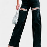 Evelyn Jeans Rectos Rasgados Con Rhinestones Colección