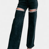 Evelyn Jeans Rectos Rasgados Con Rhinestones Colección