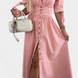 Adelina Vestido Midi Denim Premium Con Botones Y Escote V