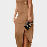 Aphrodite Vestido Asimétrico Con Botones Dorados Exclusivos