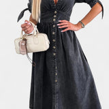 Adelina Vestido Midi Denim Premium Con Botones Y Escote V