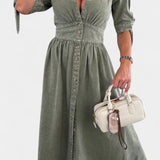 Adelina Vestido Midi Denim Premium Con Botones Y Escote V