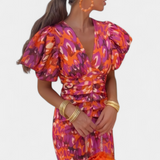 Wibia Vestido Estampado Seda Fruncido Mangas Volumen Vip