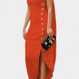Aphrodite Vestido Asimétrico Con Botones Dorados Exclusivos