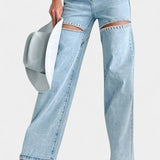 Evelyn Jeans Rectos Rasgados Con Rhinestones Colección