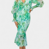 Carly Vestido Midi Floral Cintura Fruncida Mangas Limitadas