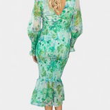 Carly Vestido Midi Floral Cintura Fruncida Mangas Limitadas