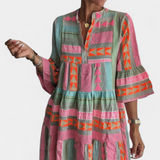 Gina Vestido Boho Bordado Con Escote En V Mangas Limitadas