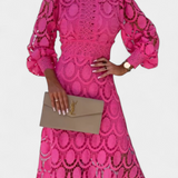 Lucinda Vestido Midi Encaje Electa Mangas Farol Cuello Alto