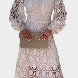 Lucinda Vestido Midi Encaje Electa Mangas Farol Cuello Alto