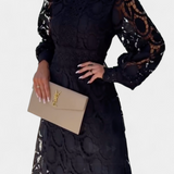 Lucinda Vestido Midi Encaje Electa Mangas Farol Cuello Alto