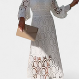 Lucinda Vestido Midi Encaje Electa Mangas Farol Cuello Alto