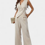 Heskia Conjunto Chaleco Peplum Pantalones Cintura Alta Lujo