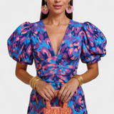 Wibia Vestido Estampado Seda Fruncido Mangas Volumen Vip