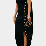 Aphrodite Vestido Asimétrico Con Botones Dorados Exclusivos