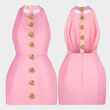 Yvonne Vestido Mini Halter Aplique Floral Cosido a Mano