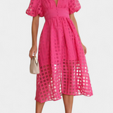 Marigold Vestido Midi Vintage Manga Abullonada Cuadrados