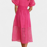 Marigold Vestido Midi Vintage Manga Abullonada Cuadrados