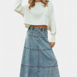Lorena Falda Maxi Vaquera Con Pluma Y Costuras Exclusivas