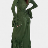 Calissa Vestido Seda Exclusivo Volantes Mangas Acampanadas