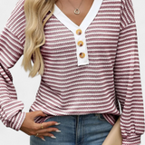 Rumer Top Rayas Acanalada Cuello en V Exclusiva Botones