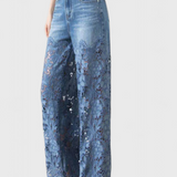 Janet Pantalón Palazzo Denim Encaje Floral Exclusivo